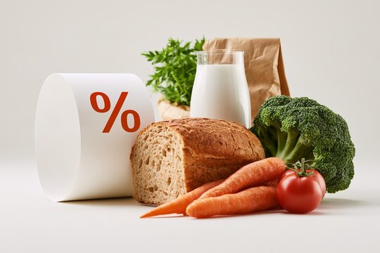Fresh Grocery Products and Milk Bottle with Red Percent Sign Paper Tag on White Background Food Inflation Concept
