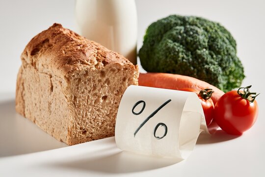 Fresh Grocery Products and Milk Bottle with Red Percent Sign Paper Tag on White Background Food Inflation Concept