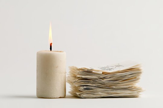 Burning White Candle Next to Big Stack of Paid Bills and Shopping Receipts Isolated on White Background Utilities Crisis Concept