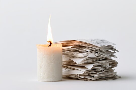Burning White Candle Next to Big Stack of Paid Bills and Shopping Receipts Isolated on White Background Utilities Crisis Concept