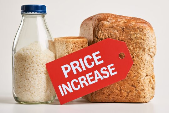 Fresh Loaf of Bread and Glass Jar of Rice with Red Price Increase Tag on White Background Grocery Food Inflation Concept