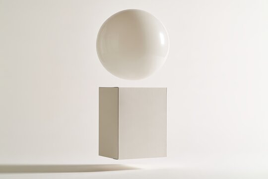 Blank White Cosmetic Box Mockup with Floating Glossy Sphere Levitating on Clean White Background Minimalist 3D Graphic Design
