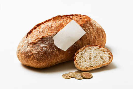 Fresh Loaf of Bread Milk Bottle and Eggs with Blank Kraft Paper Price Tags on White Background Grocery Food Inflation Concept