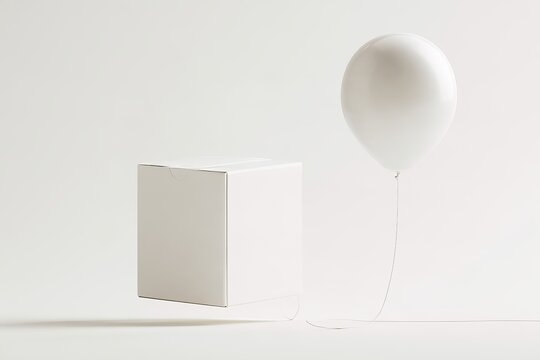 Blank White Cosmetic Box Mockup with Floating Glossy Sphere Levitating on Clean White Background Minimalist 3D Graphic Design