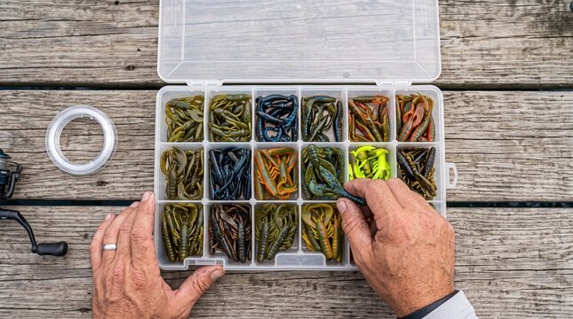A top-down view of a tackle box filled with various colorful fishing lures, along with fishing line and a reel