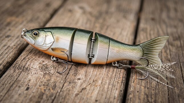 Realistic fishing lure resembling a segmented fish with hooks, resting on a weathered wooden surface