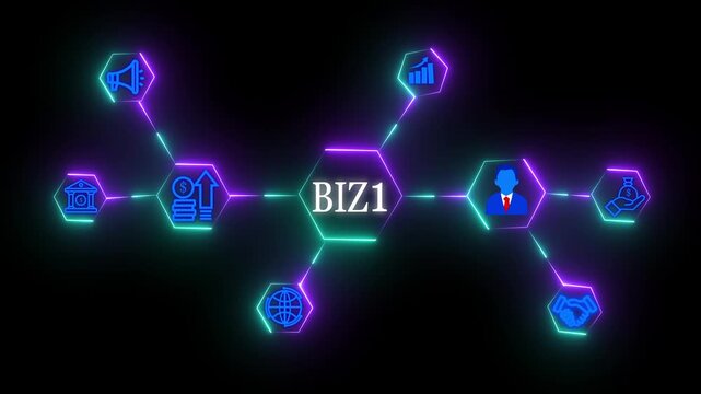 Business process management B I Z 1 workflow Business Taxation and Financial Management Concept with Neon Icons, Accounting, Growth, Digital Network Connection with Glowing Neon Technology Icons