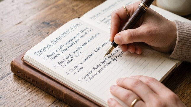 Writing down personal development and goals in a notebook. A hand holding a pen is writing a list of objectives.