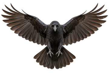 Fototapeta premium A majestic black raven in flight with wings fully spread isolated on a clean white background