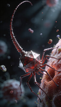 Mechanical spider with segmented red legs crawling across a rocky surface. Sci-fi extraterrestrial life concept. Robotics and artificial intelligence. Alien creature design, space fantasy.