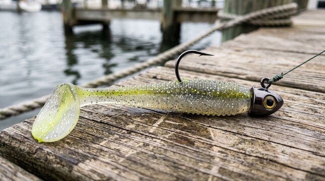 A soft plastic fishing lure with a jig head rests on a wooden dock, ready for action. The lure is a pale green color with glitter accents, and a sharp hook is visible.