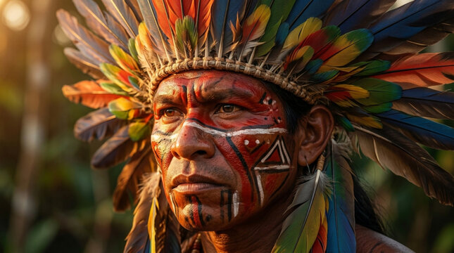 Portrait of an indigenous tribal man with red face paint and traditional colorful feather headdress.