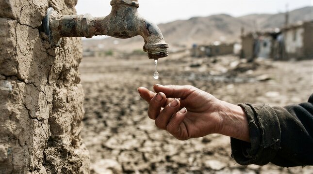 Person catching water drop from rusty tap in dry landscape