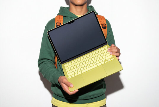 Student Holding Tilted Yellow Laptop