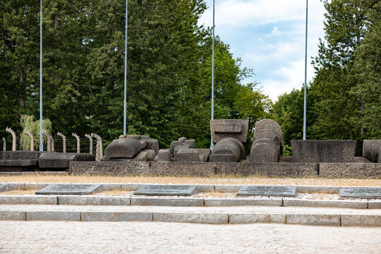 Oświęcim, Poland - July 20, 2026: International Monument to the Victims of Fascism and commemorative features at the Auschwitz II-Birkenau memorial site.