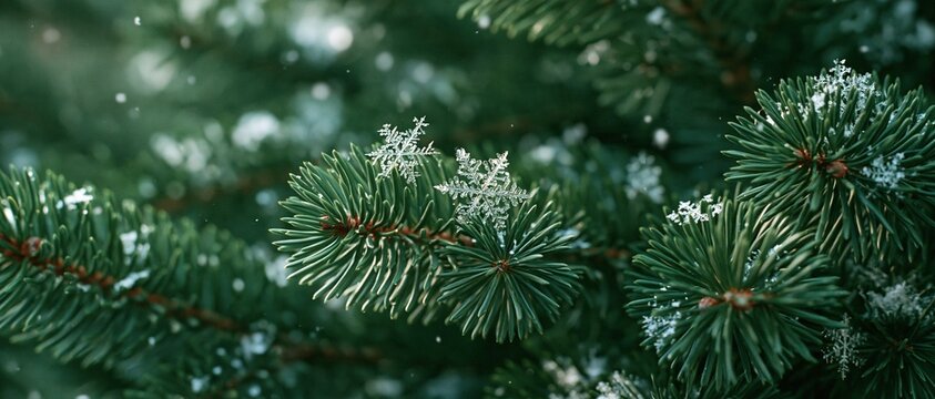 Snowflakes Dangle from Pine Needles in Winter Wonderland