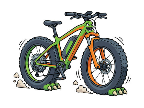 Monster fat tire e-bike illustration vector art of green and orange electric mountain bicycle with teeth and claws