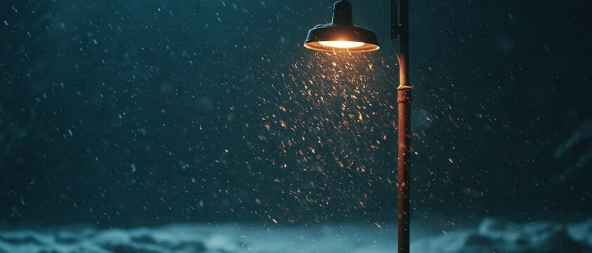 Snowfall Illuminated by Street Lamp in Dark Night