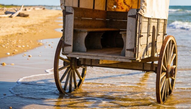 Vintage wooden covered wagon standing in shallow ocean water on a sandy beach, historic pioneer transportation and travel along the coastline.