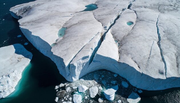Aerial high angle view of melting glacier ice shelf with deep crevasses and turquoise melt ponds, arctic climate change and global warming concept.