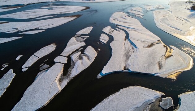 Aerial view of melting ice and snow formations on braided river at sunrise, winter landscape showing water flow and seasonal change in nature
