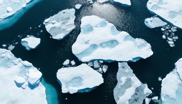 Aerial view of melting ice floes floating on dark blue polar ocean water, illustrating global warming and climate change in the Arctic wilderness.