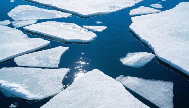 Melting ice floes drifting across deep blue arctic waters in bright sunlight, highlighting seasonal thaw and polar climate change impacts