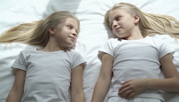 Blonde twin sisters lying together on a white bed and looking at each other with affection, portraying sisterly bond, childhood friendship, and morning relaxation