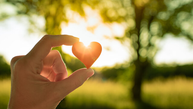 Hand holding red heart in warm sunlight, love, hope, compassion and healthcare concept
