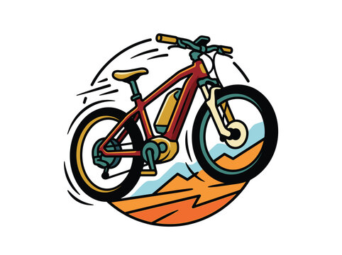 Mountain e-bike vector illustration of electric bicycle riding on landscape trail