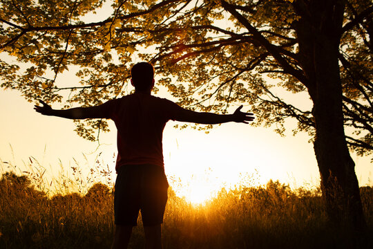 Man with arms raised at sunset in nature, freedom, success, gratitude, hope, wellness and spiritual inspiration concept
