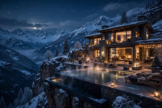 Luxury snow mountain chalet with heated infinity pool at night in winter