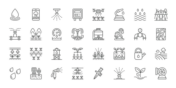 Irrigation Systems icons in line design. irrigation, water, farming, sprinkler, drip, pipe, agriculture on white background vector. Irrigation Systems editable stroke icons.