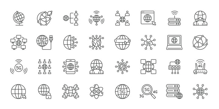 Globe and Web icons in line design. globe, web, internet, network, website, connection, online on white background vector. Globe and Web editable stroke icons.