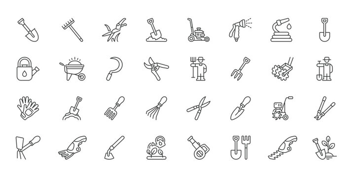 Garden Tools icons in line design. garden tools, shovel, rake, watering can, pruner, gloves, gardening on white background vector. Garden Tools editable stroke icons.