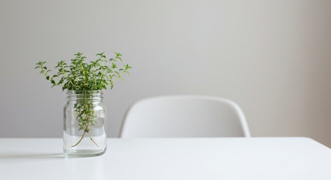 Fresh Green Herb Growing Inside a Clear Glass Jar on a Table for Natural Kitchen Decor