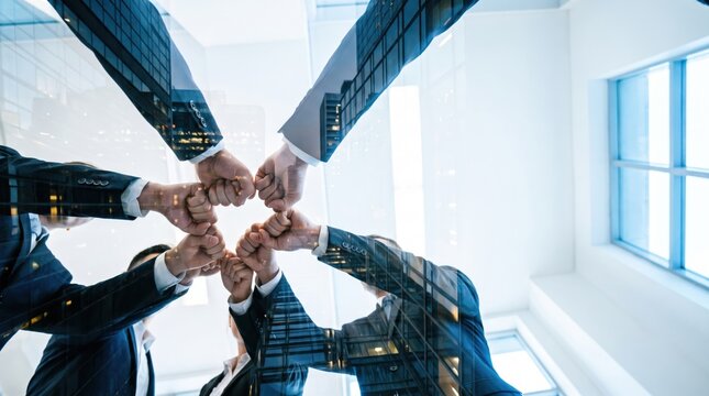 Low Angle View of Business Team Fist Bump Unity Concept with Double Exposure Building Overlay   