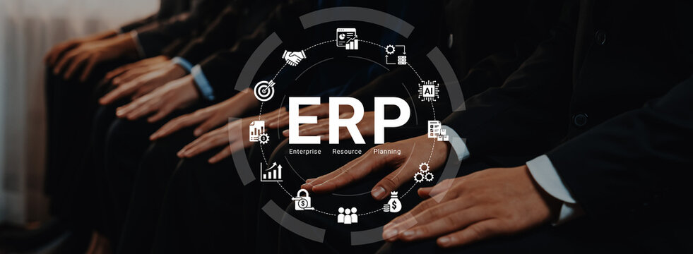 Hands of Business Professionals Engaged in Enterprise Resource Planning with Icons Representing Collaboration, Management, and Strategy in a Modern Office Setting. Glyphic.