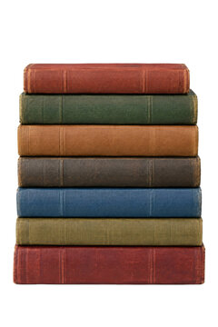 A vertical stack of seven vintage hardcover books with textured colorful spines on white background