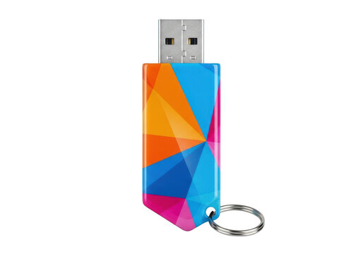 Colorful usb flash drive with keychain isolated on transparent background