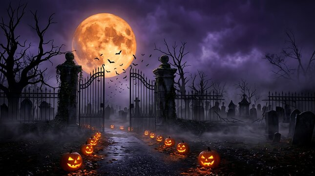 Glowing jack o lanterns line a spooky graveyard path beneath a massive harvest moon while bats fly through purple evening clouds during autumn