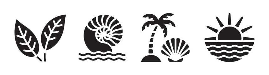 Fototapeta premium Summer vacation icons featuring palm tree seashell leaves and sunset on waves for travel advertising.