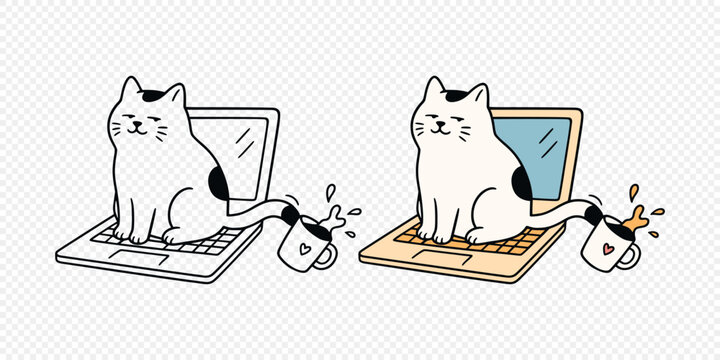 Cat on Laptop Vector Illustration. Cat on Laptop with Tail Knocking Over Coffee Mug. Mischievous Cat on Laptop at Work Desk, Naughty Pet at Computer, Spilled Coffee, Home Office Humor Illustration
