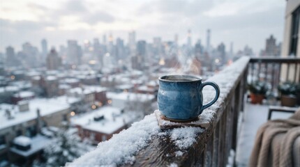 Obraz premium Blue mug steaming on snowy balcony overlooking cityscape