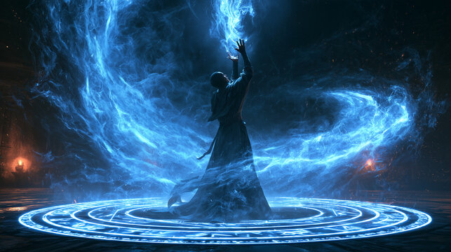 Powerful magician standing inside a glowing circle of runes, raising hands toward swirling blue energy