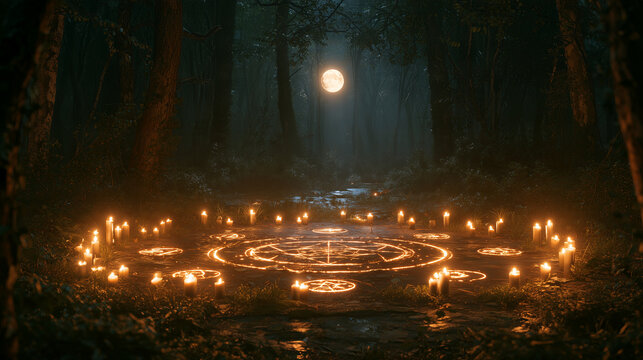 Magical ritual in a moonlit forest, candles arranged in a circle, glowing symbols on the ground, mysterious atmosphere