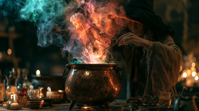Witch mixing a glowing potion in an old copper cauldron, colorful smoke rising, dark enchanted laboratory