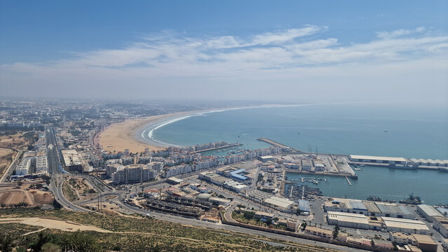 Aerial View of Agadir Coastline Beach and Harbor Morocco