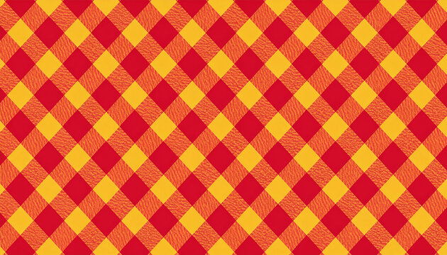 Red and yellow diagonal gingham checkered fabric texture with leather grain effect