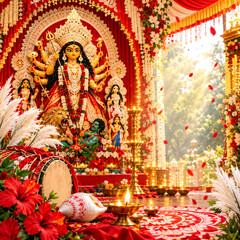 Obraz premium Traditional Durga Puja Pandal Idol Decoration with Goddess Durga Idol, Dhak Drum, Shankh Conch Shell, Red Hibiscus, Kash Phool, and Glowing Brass Stand Lamps